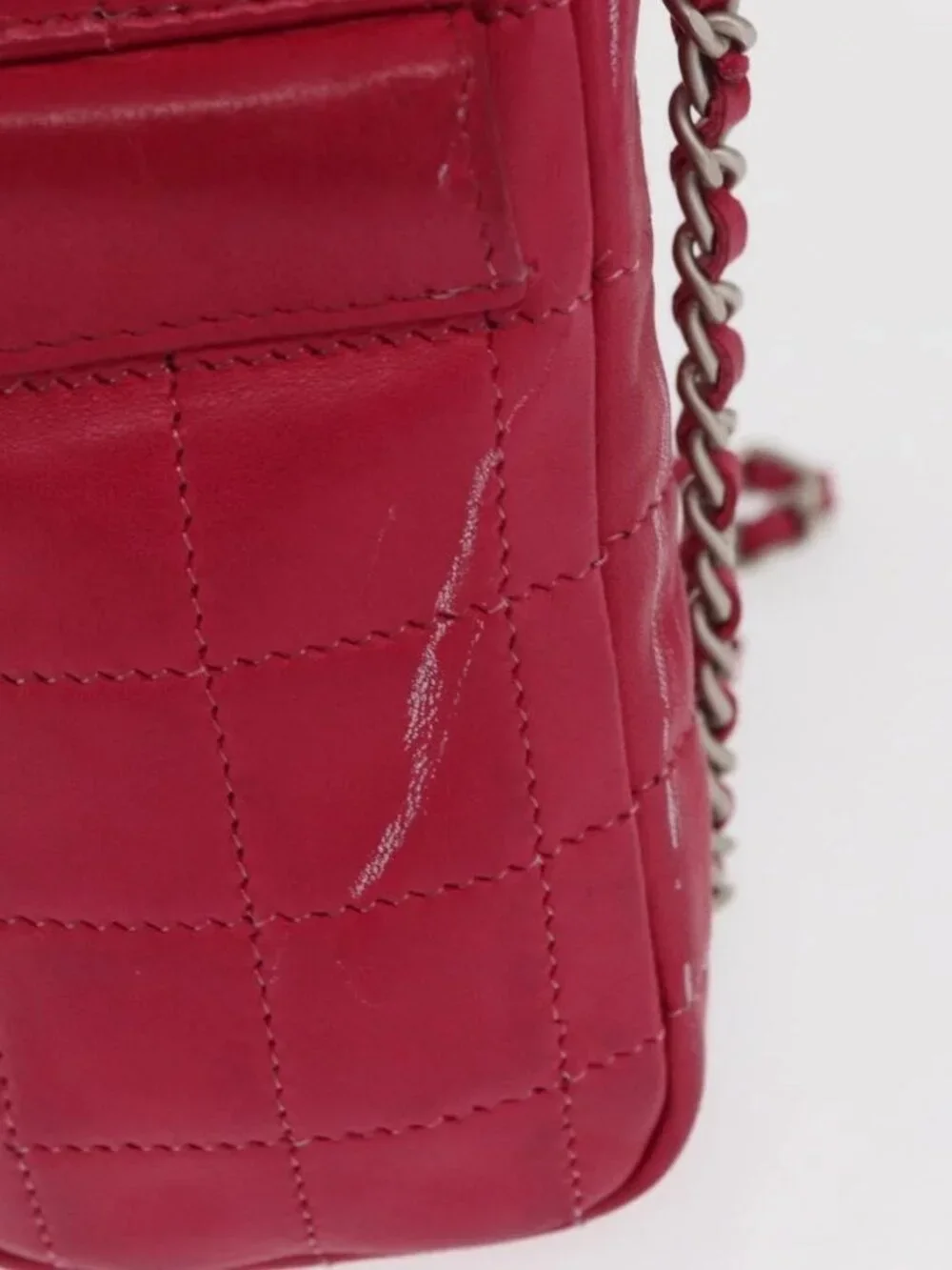 CHANEL Choco Bar line Chain Shoulder Bag Leather Pink Silver CC Auth BA8714